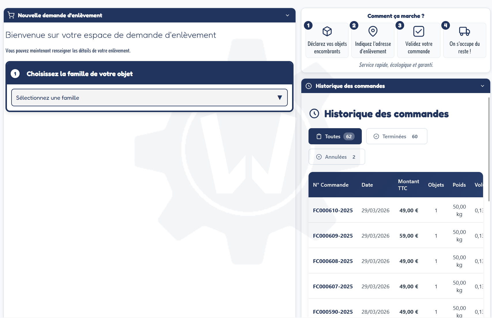 Tableau de bord client WAWAWASTE